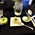 Australia Captain's Dinner trio of amuse bouche selections - mojito sphere, crab and cucumber roulade and asparagus panna cotta